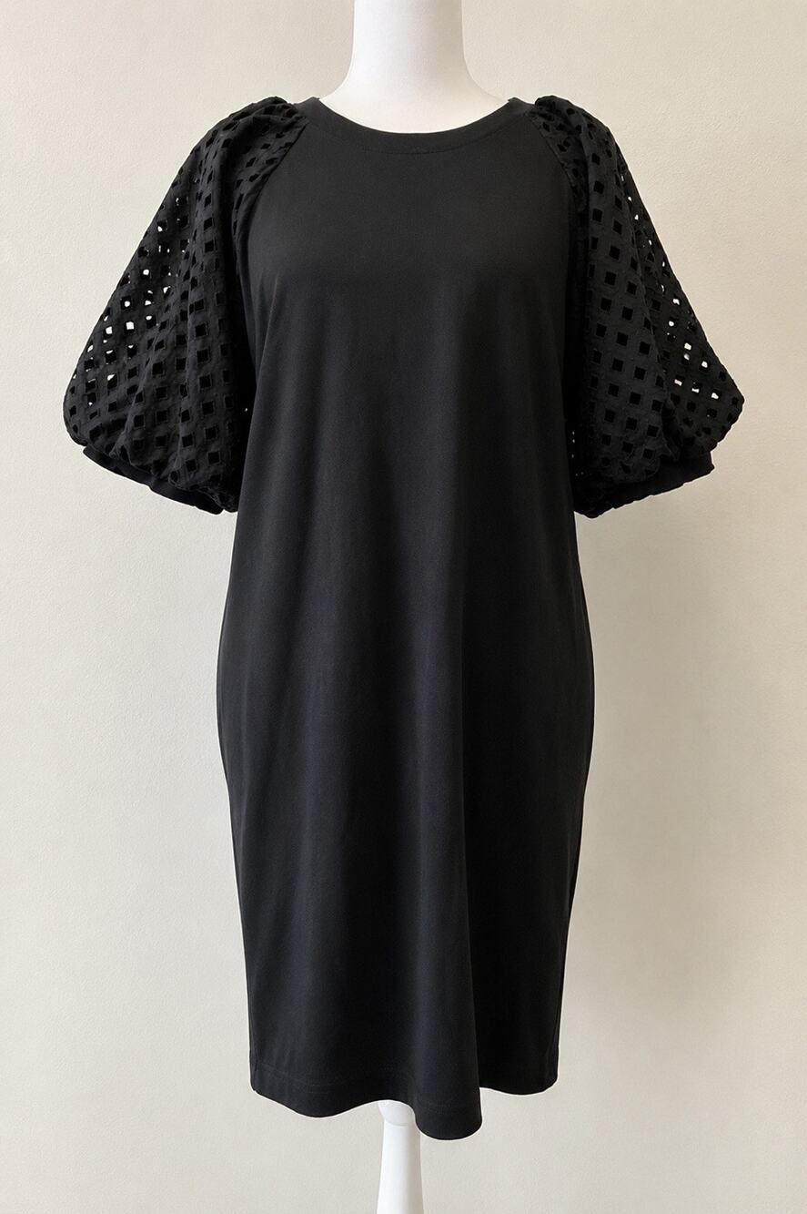 Gibson Latimer Black Cotton Puff Sleeve Midi Dress Eyelet Balloon Sleeve M 8/10